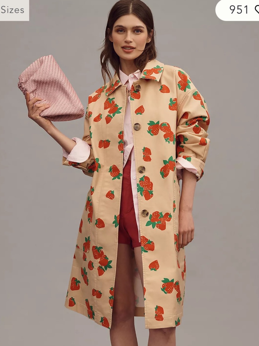 Maeve Anthropologie strawberry printed car coat tan trench jacket NWOT
